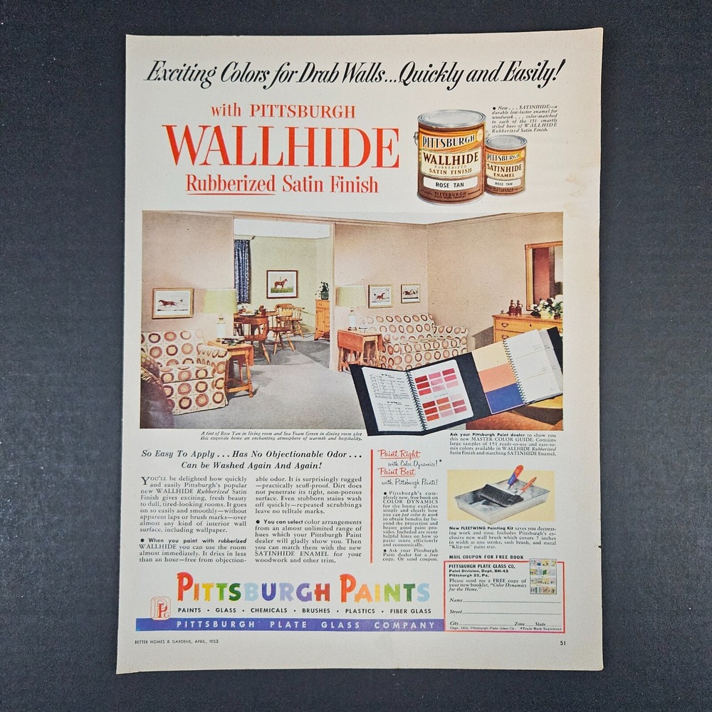1953 Pittsburgh Paints‎ Wallhide Rubberized Satin Finish Vintage Print Ad PA MCM